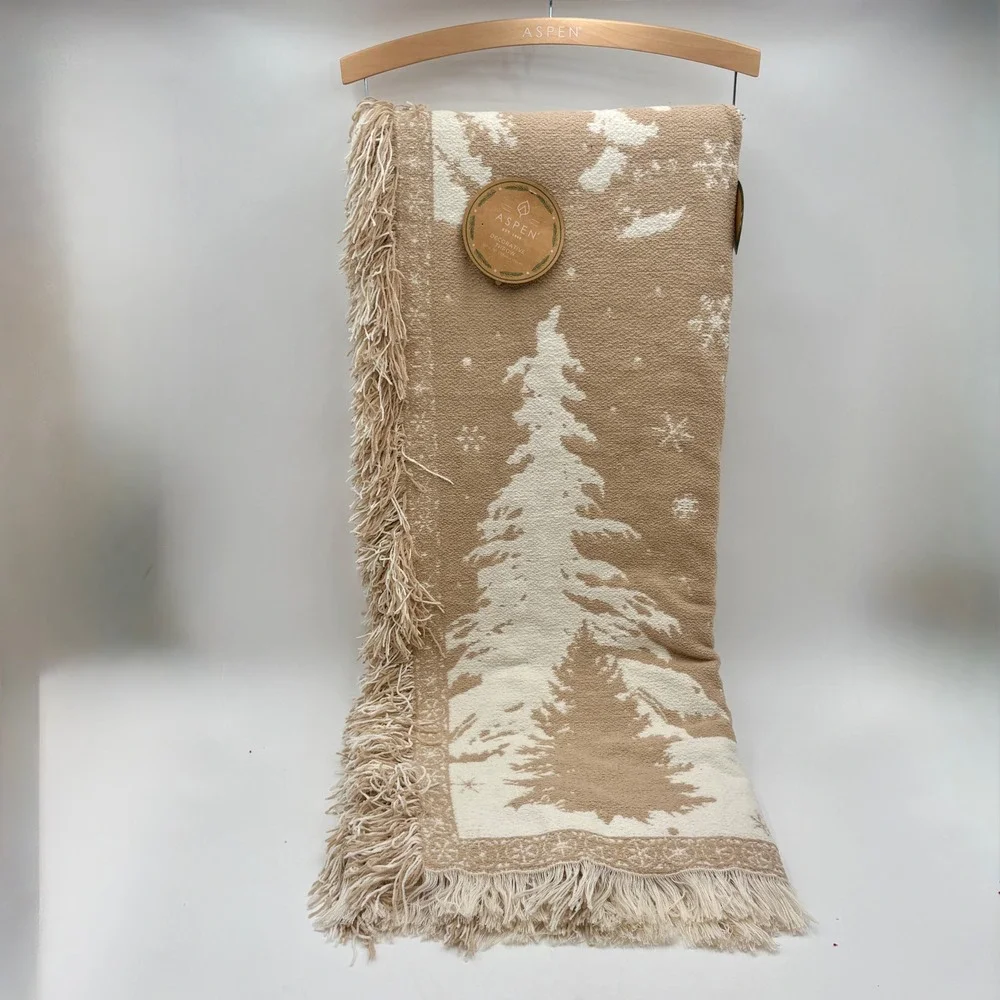 Aspen Decorative Christmas Throw Blanket‎ Neutral Tan Cream Trees Deer Cabin